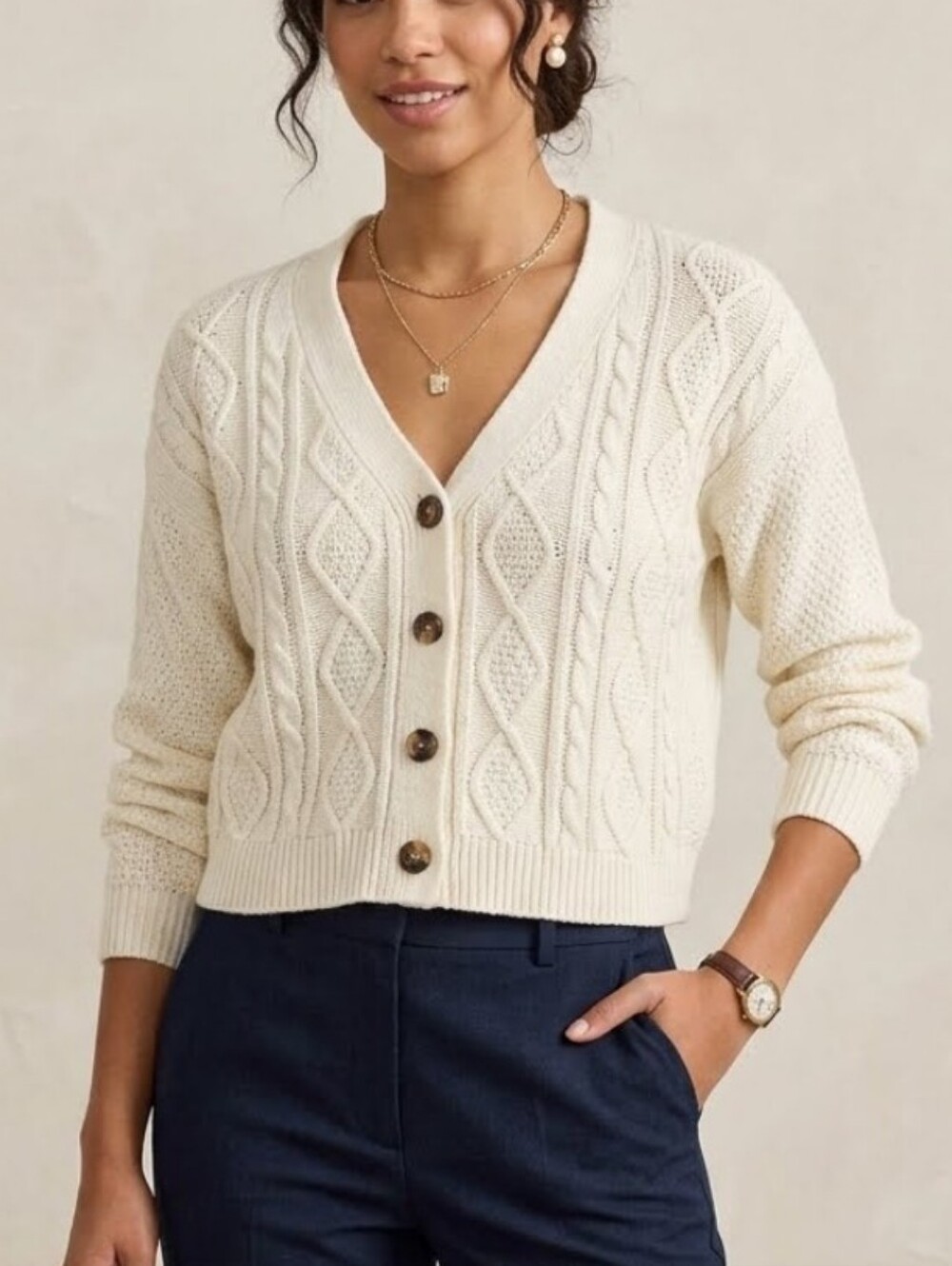 Love & Whimsy Cream Cable Knit Cropped Chic Preppy Old-money Button Cardigan